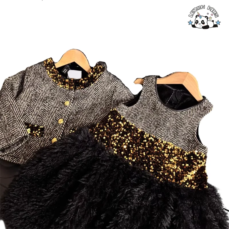 LEZONKIDS - Customizable Velour Children Sleeveless Winter Dresses Set Winter Jacket Girl Clothing Set